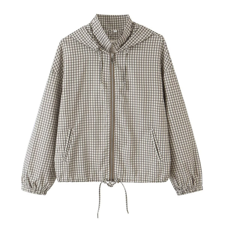 Women Lightweight Hooded Boxy Transitional Jacket with Check Grid Print, Drawstring and Elastic Cuffs Amarae