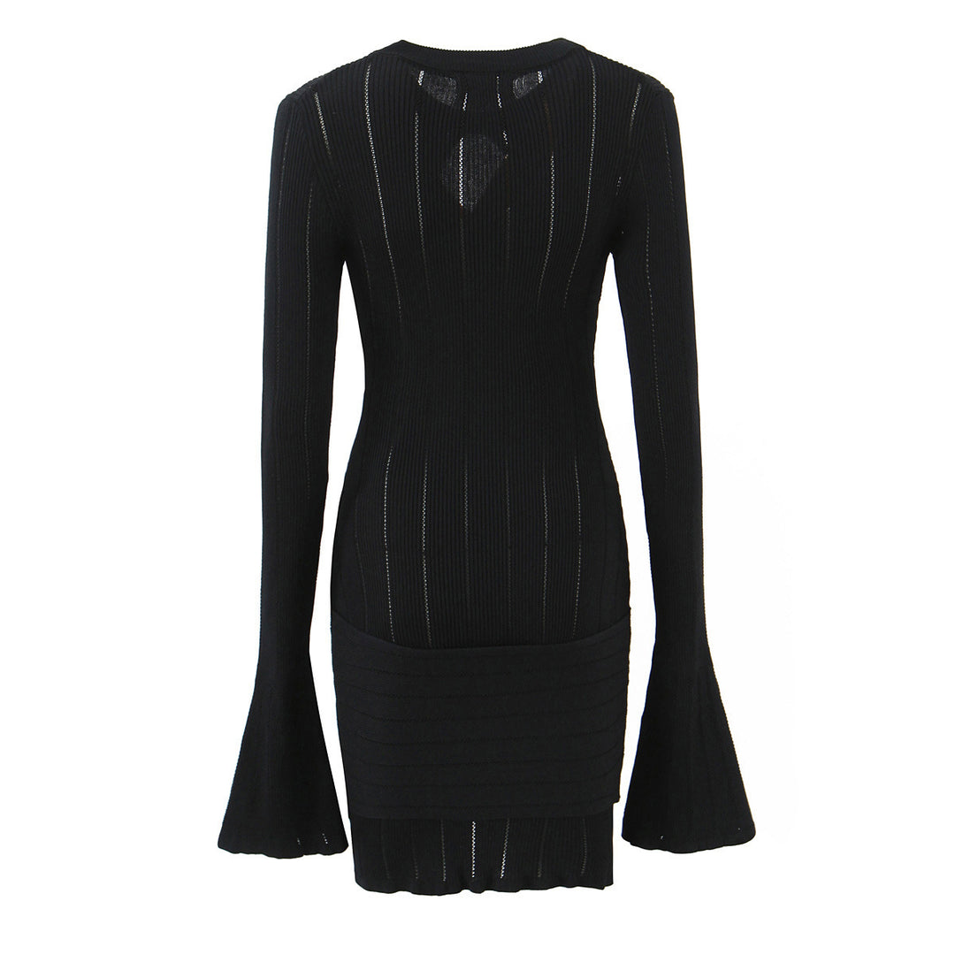 Fitted knitted dress for ladies with an original neckline and a chic ruffle.
