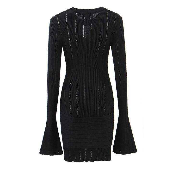 Fitted knitted dress for ladies with an original neckline and a chic ruffle.
