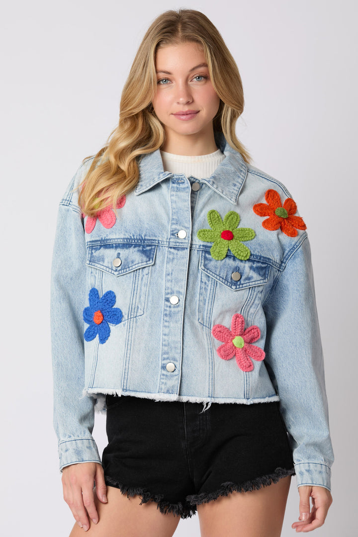 Women's cropped denim jacket with colorful football patches and casual cut Lune London