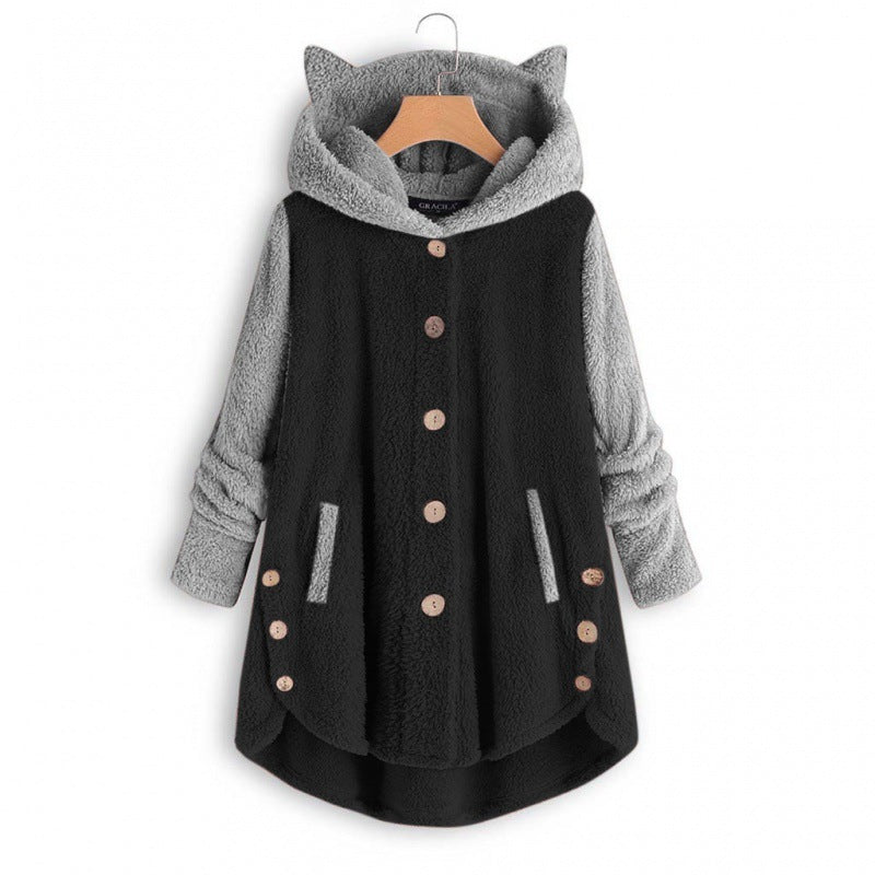 Women's Cozy Hooded Teddy Jacket with Cat Ears, Wooden Button Details and High-Low Hem Amarae