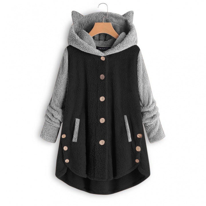 Women's Cozy Hooded Teddy Jacket with Cat Ears, Wooden Button Details and High-Low Hem Amarae