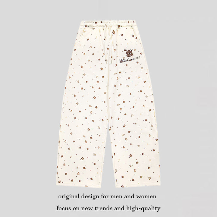 Women's Wide Lounge Pants in Culotte Style with Elastic Comfort Waistband and Cute Bear Print