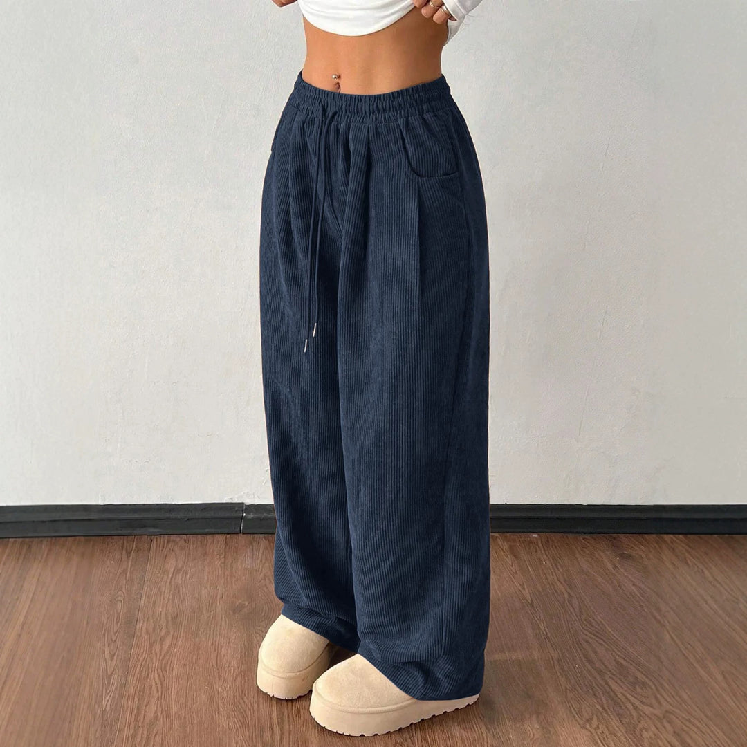 Ladies cord pants with wide leg, elastic waistband and drawstring Amarae