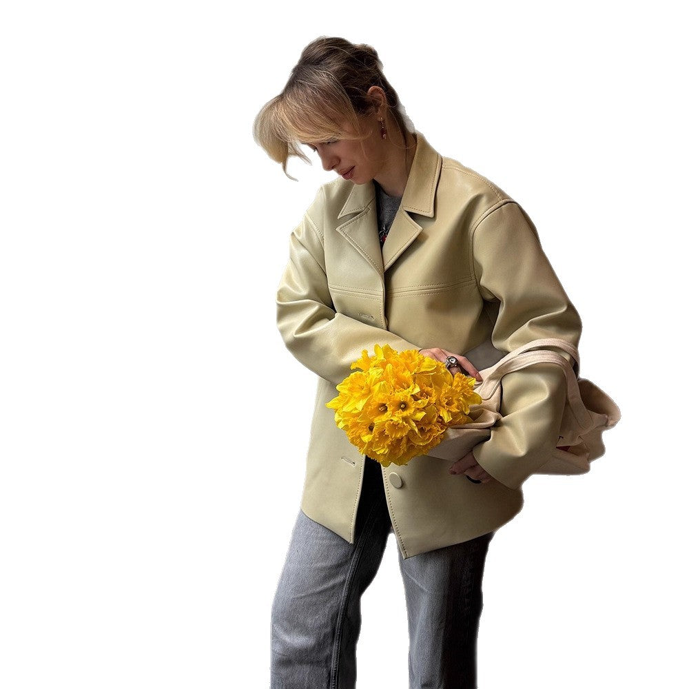 Women Boxy Oversized Blazer Jacket made of vegan leather imitation with dropped shoulder Amarae