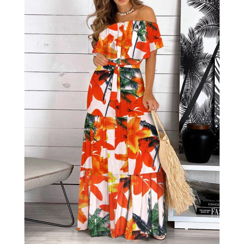 Off-shoulder maxi dress for women with flared hem Lune London