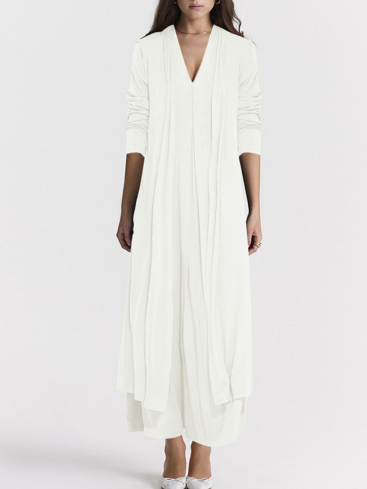 Women Elegant Long Coat with Deep V-Neck and Fluid Cut Lune London