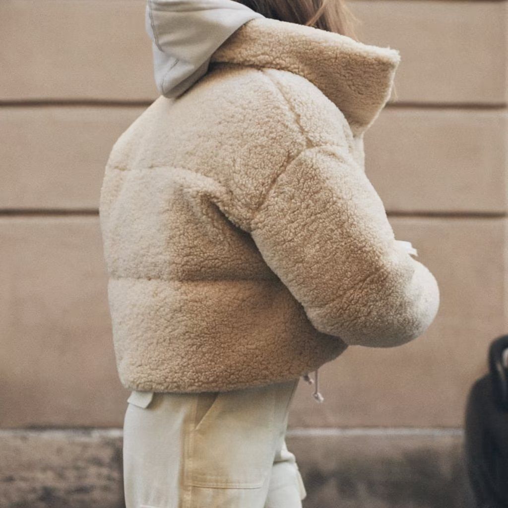 Ladies cropped teddy coat comfortable with high collar and side pockets Lune London