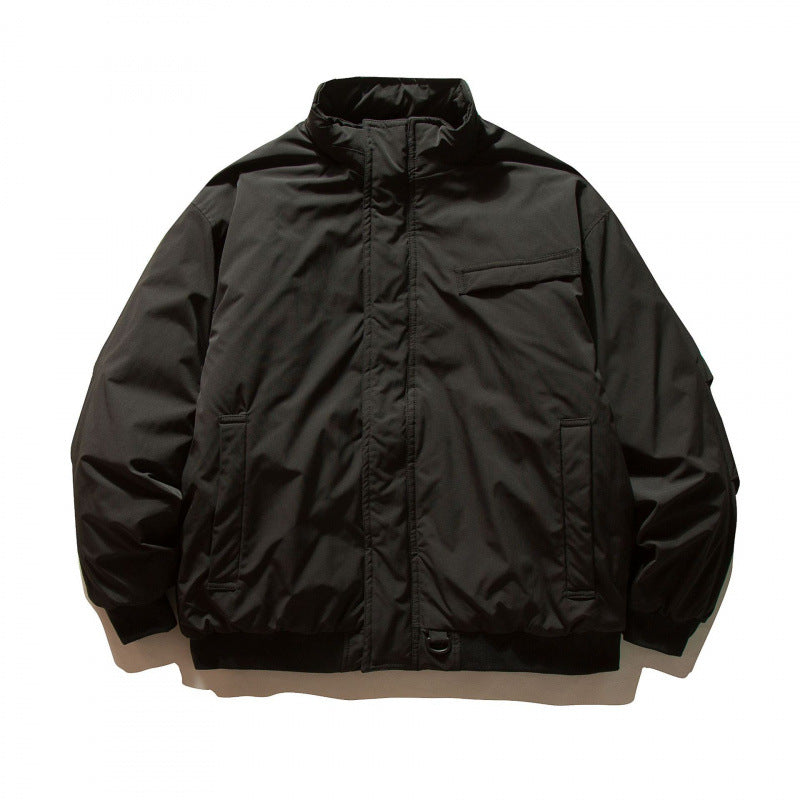 Unisex Boxy-padded transition jacket with high stand-up collar and utility pockets Amarae