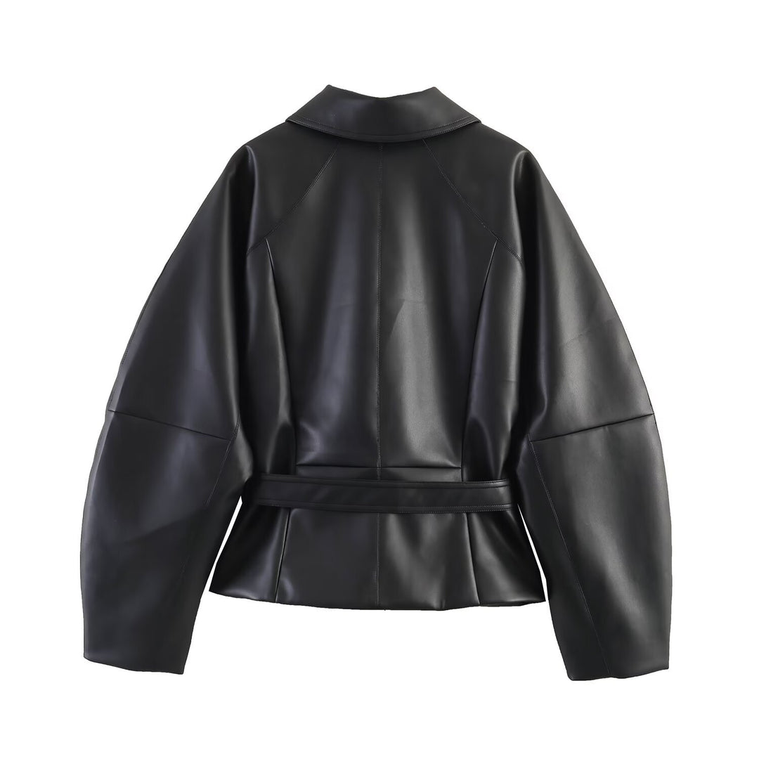 Women's Tailored Vegan Leather Wrap Jacket with Tunnel Drawstring Belt and Oversized Sleeves Amarae