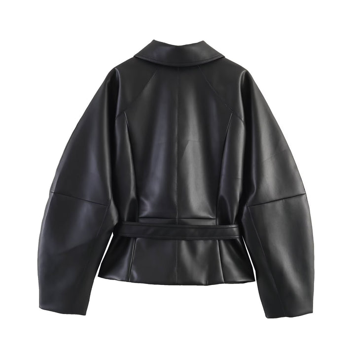 Women's Tailored Vegan Leather Wrap Jacket with Tunnel Drawstring Belt and Oversized Sleeves Amarae