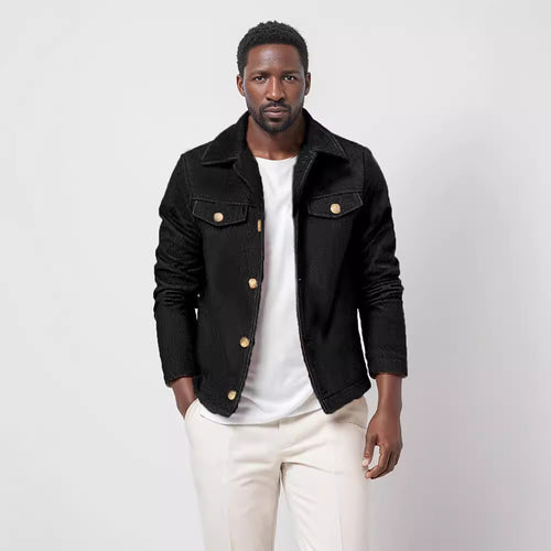 Trendy cotton jacket for men with gold buttons and flap pockets Amarae