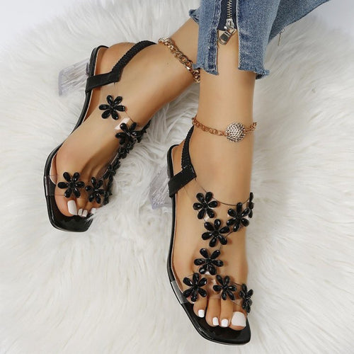 Women Glamour Sandals with transparent block heel and floral accents Amarae