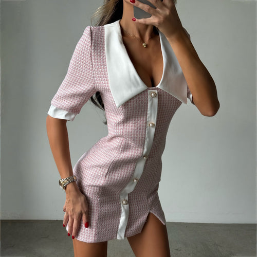 Short sleeve women's dress with unique collar and button details Amarae