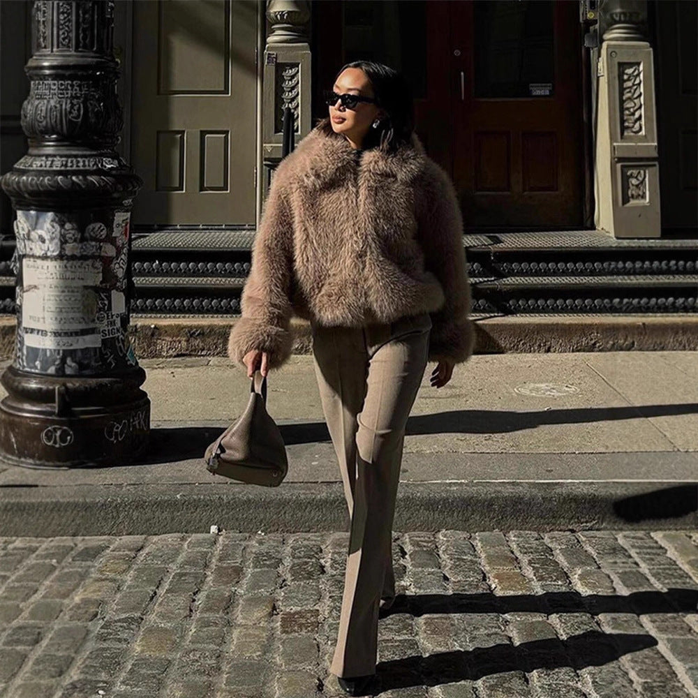 Women Short Boxy Faux Fur Blouson with Voluminous Shawl Collar and Lined Interior Amarae
