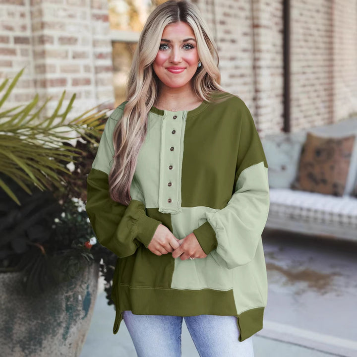Women's Oversized Long Sleeve Sweatshirt in Colorblock with Henley Button Placket and Balloon Sleeves Amarae