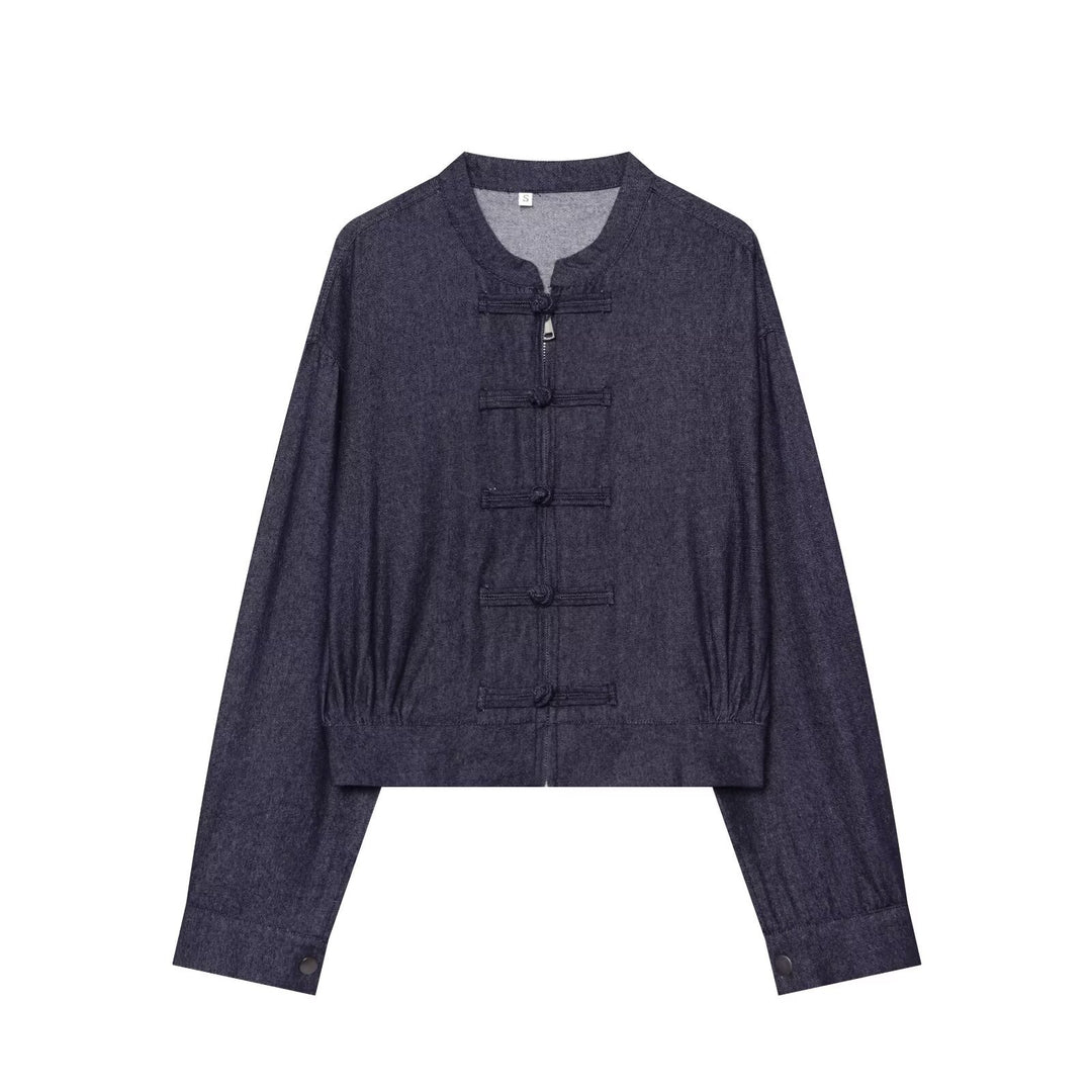 Women's Cropped Jeans Jacket in China Style with Mandarin Collars and Knot Closures Amarae