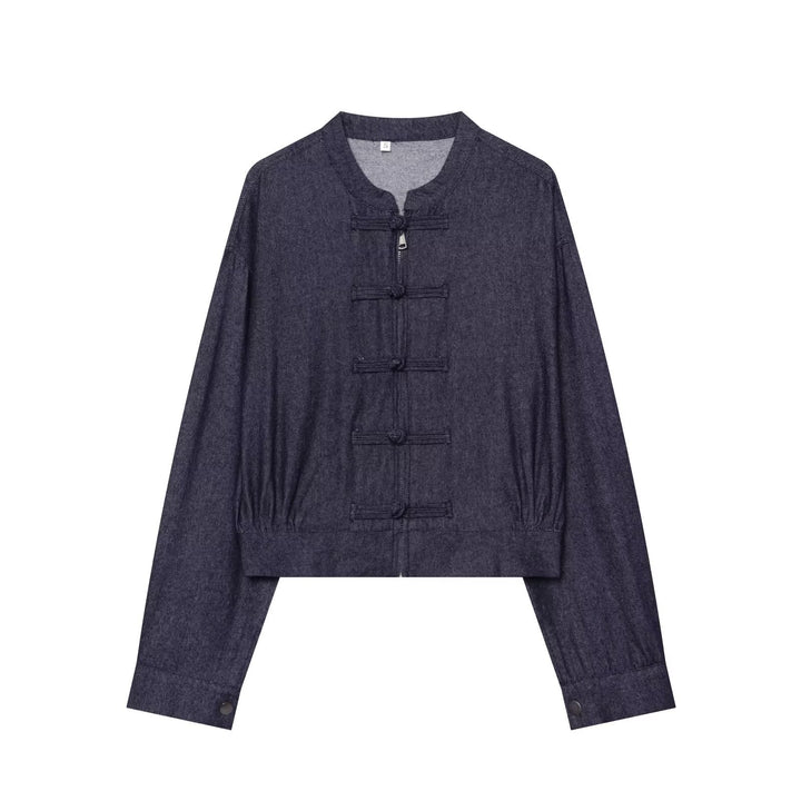 Women's Cropped Jeans Jacket in China Style with Mandarin Collars and Knot Closures Amarae