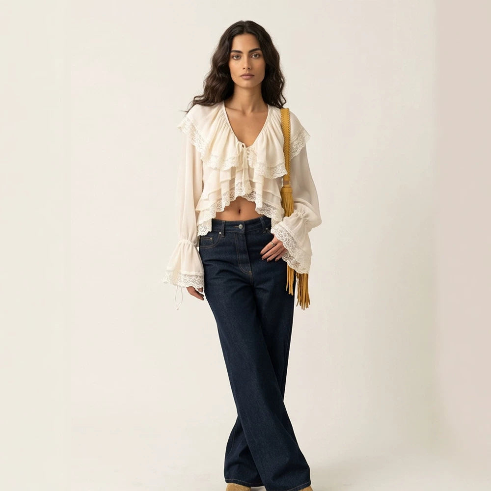 Women's Ruffled Lace Crop Top Blouse with Ruffles and V-Neck Amarae