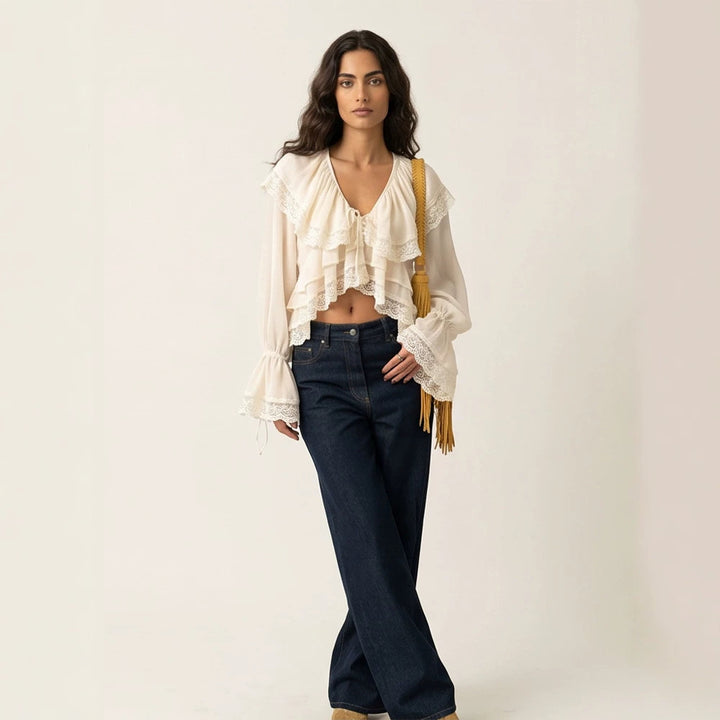 Women's Ruffled Lace Crop Top Blouse with Ruffles and V-Neck Amarae