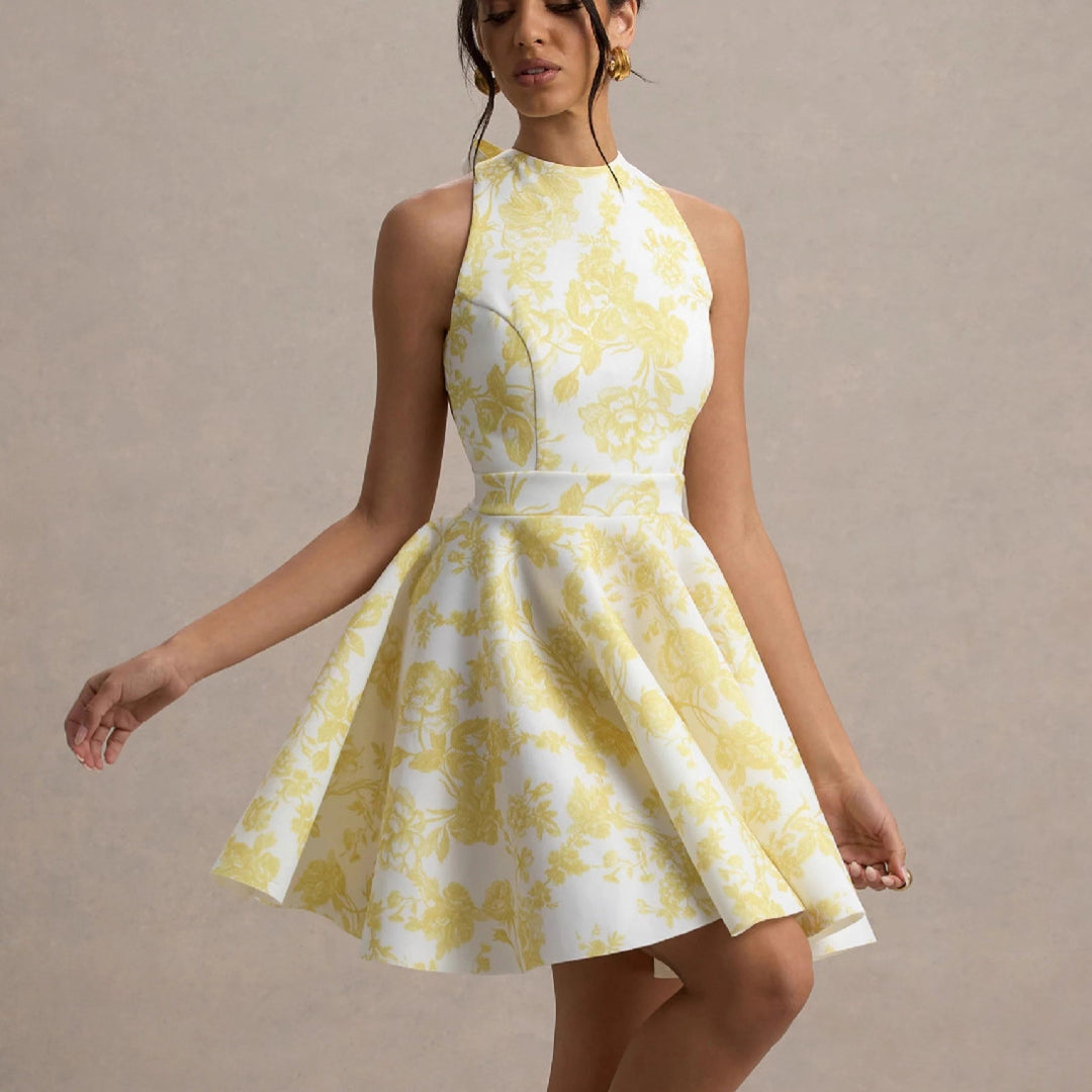Women Playful fitted minimal dress with swinging skirt and half back view Lune London