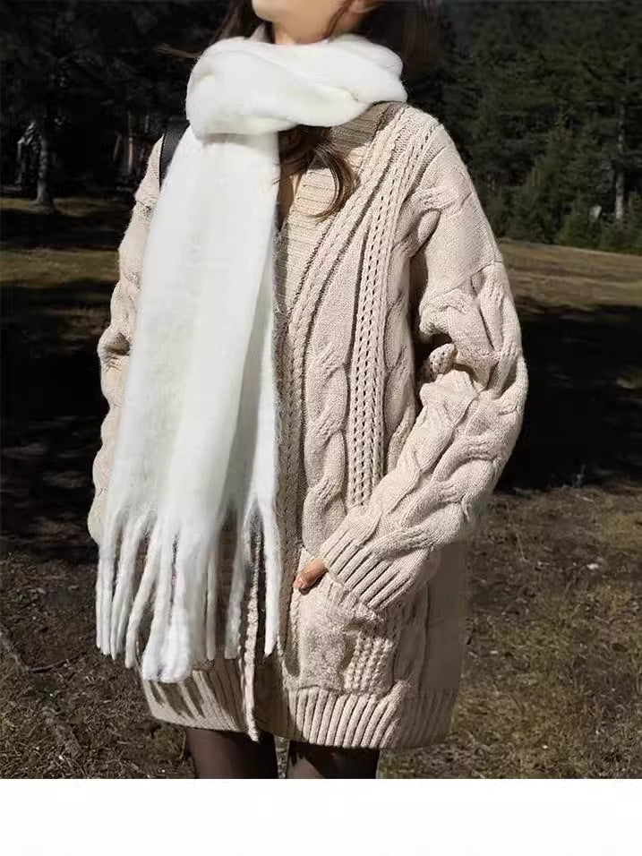 Knit cardigan for women with deep V-neck and structured twisted pattern Lune London