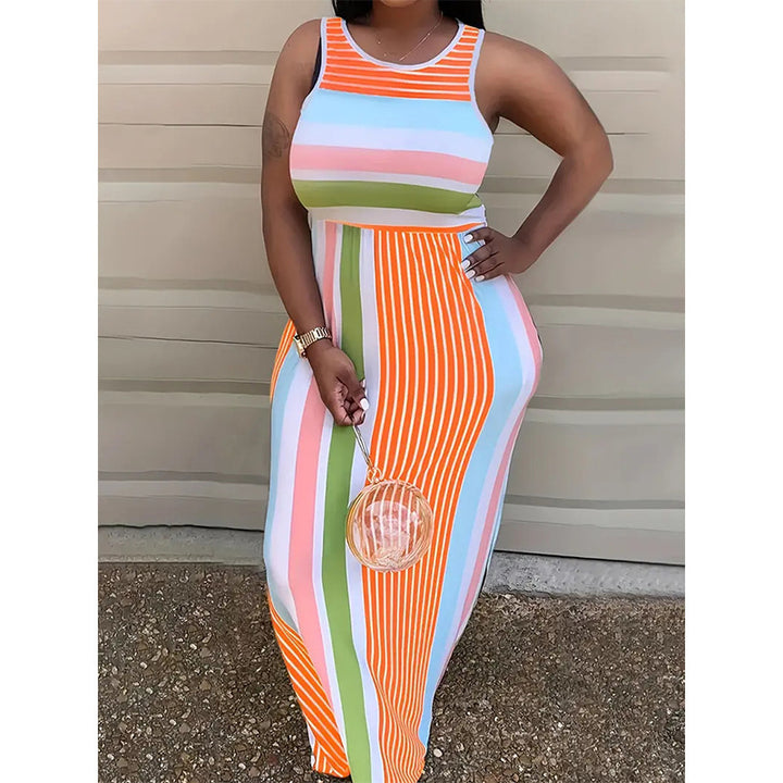 Maxi dress for ladies with a colorful striped design and a fitted cut Lune London