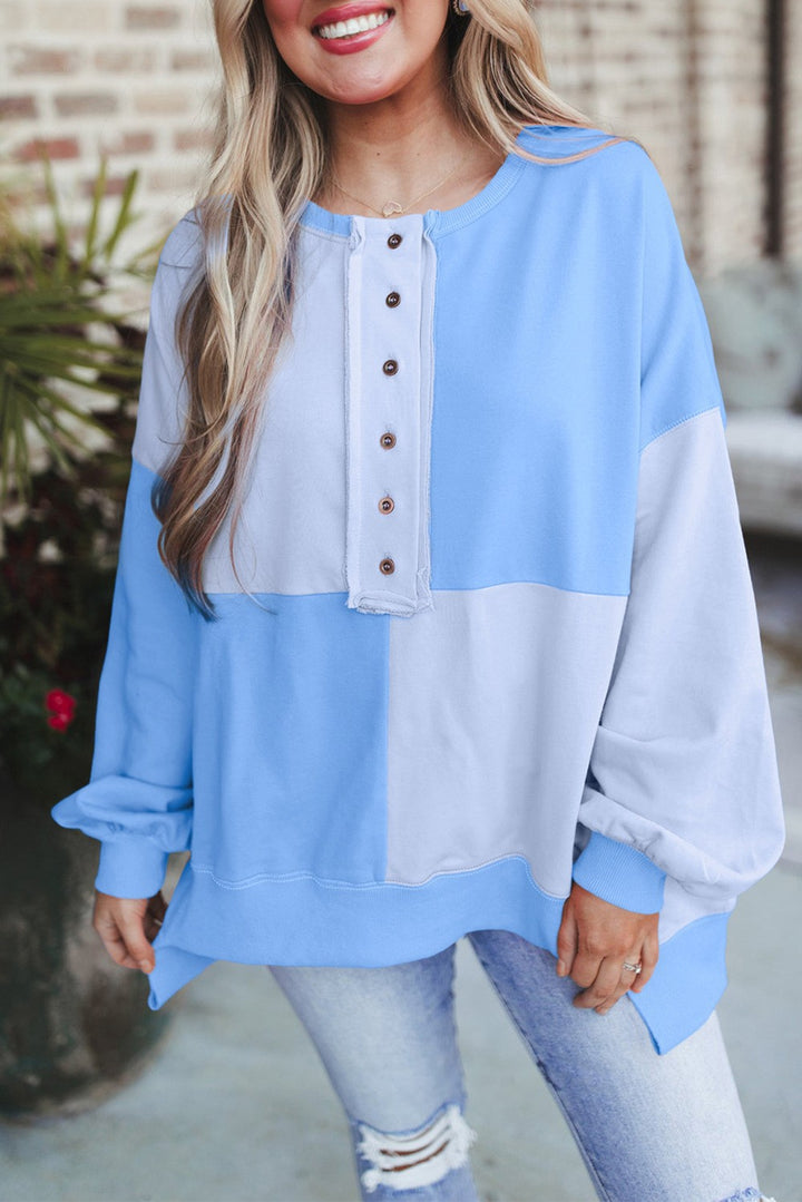 Women's Oversized Long Sleeve Sweatshirt in Colorblock with Henley Button Placket and Balloon Sleeves Amarae