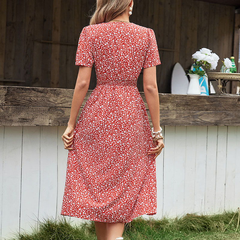 Midi A-line dress for women with button closure at the front and waist with tie belt Lune London