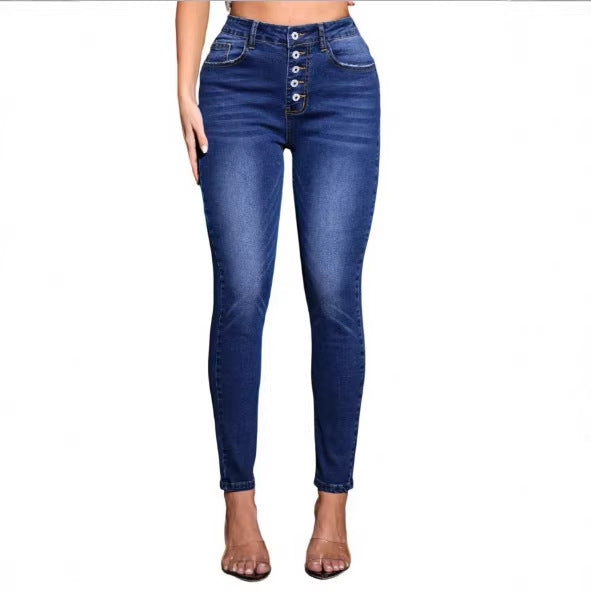 Women High-waisted Sculpting Skinny Jeans with visible multi-button placket and shaping butt lift Amarae