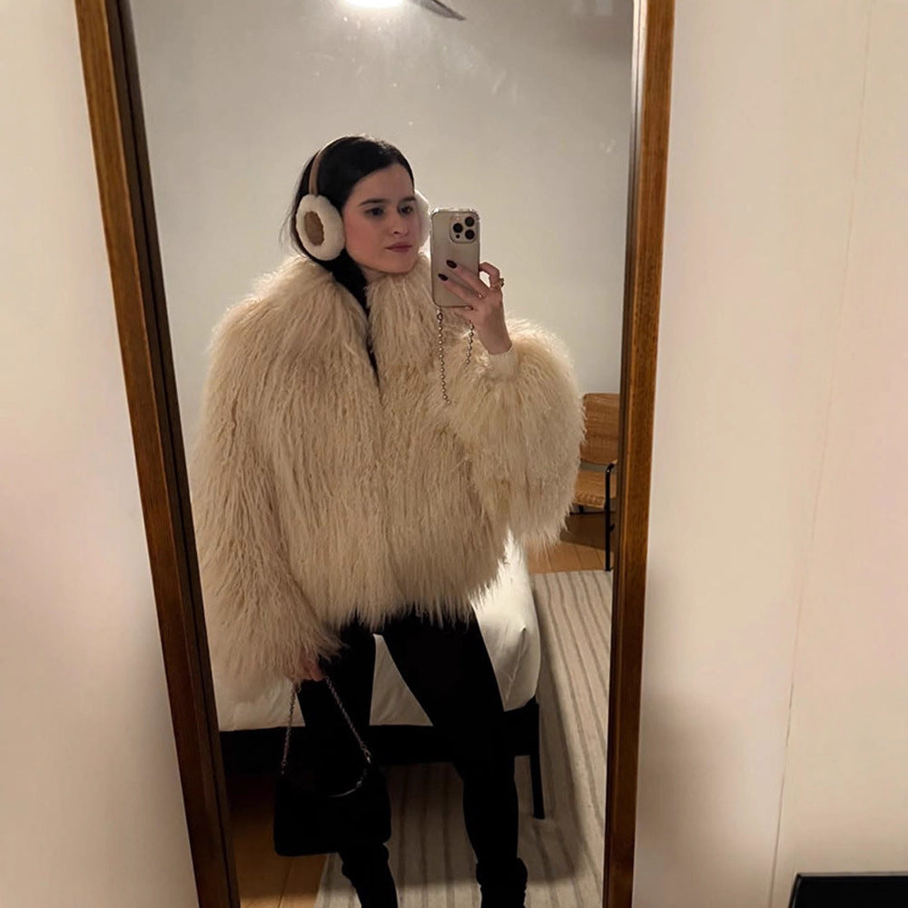 Women's Boxy Faux Fur Bomber Jacket with Curly Lambskin Look and Extra Volume Amarae