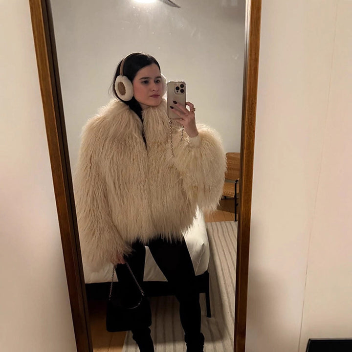 Women's Boxy Faux Fur Bomber Jacket with Curly Lambskin Look and Extra Volume Amarae
