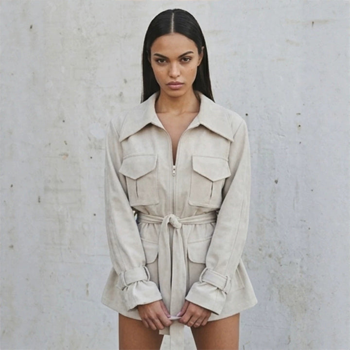 Ladies short jacket in utility shacket style with waist drawstring Amarae