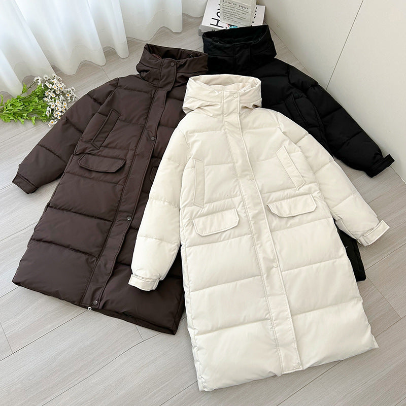 Ladies long insulated winter jacket with hood and zip-up collar Lune London