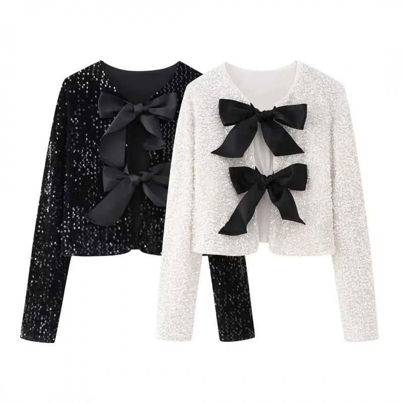 Women Sequin Cropped Jacket with Open Front Panels and Large Satin Ribbons Amarae