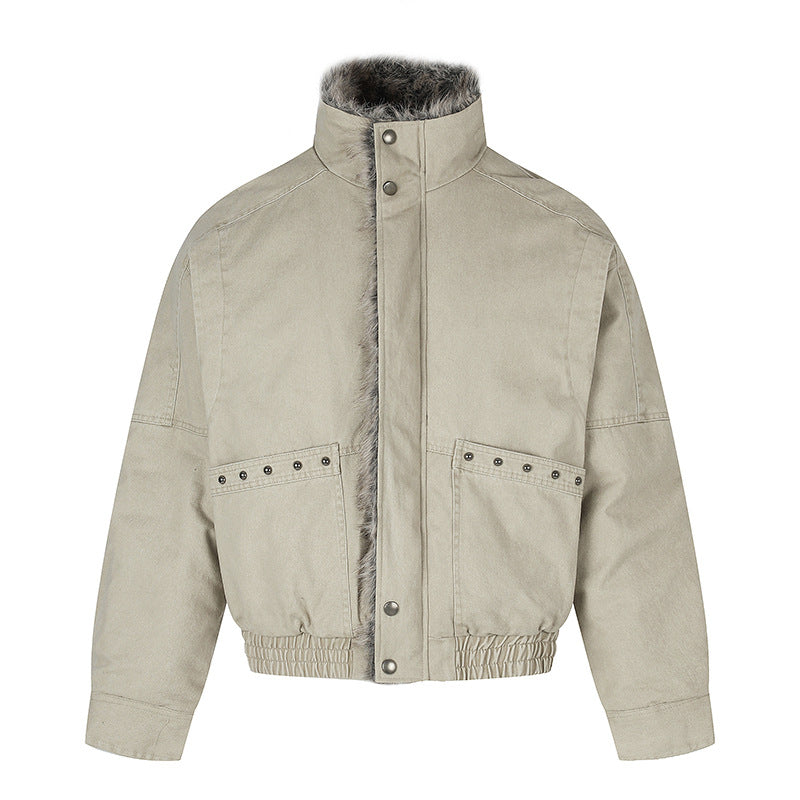 Ladies short bomber jacket with faux fur lining, stand collar and elastic waistband Amarae
