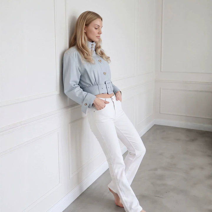 Women Tailored Cropped Jacket with Extra Long Bow & Wide Waist Belt Amarae