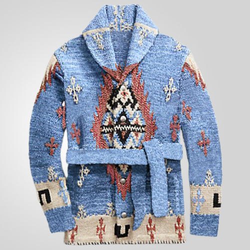 Comfortable knit coat for women with decorative pattern and practical belt Amarae