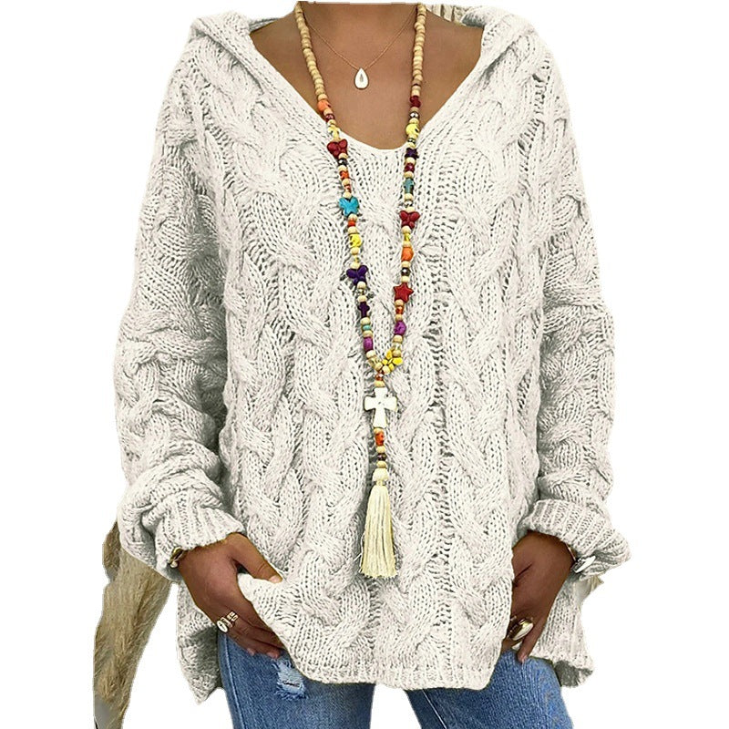 Ladies hoodie in chunky knit with V-neck and decorative cord Lune London