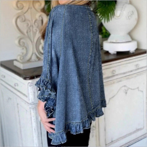 Women Oversized Jeans Kimono with Ruffle Edge and Open Fall Amarae