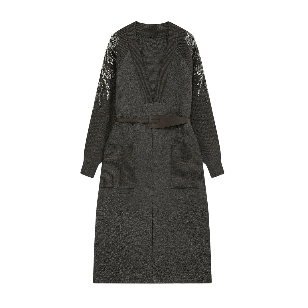 Women's knit midi dress with deep V-neck, waist belt, and sequin-adorned sleeves Amarae