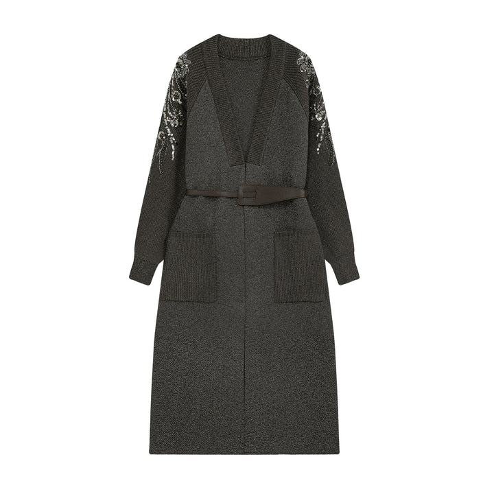 Women's knit midi dress with deep V-neck, waist belt, and sequin-adorned sleeves Amarae