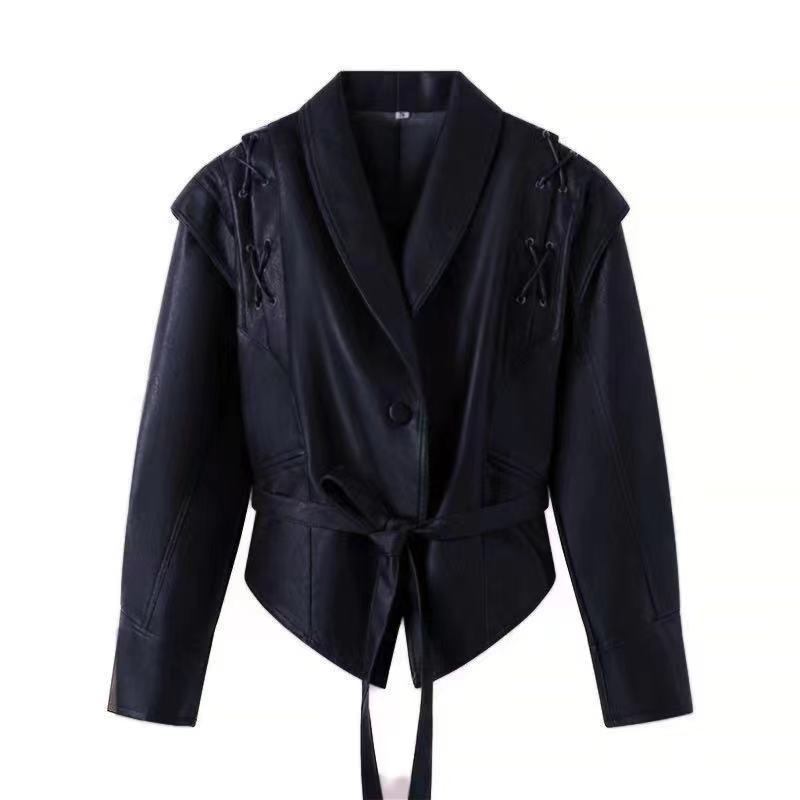 Fitted faux leather jacket for women with playful lace-up detail Lune London