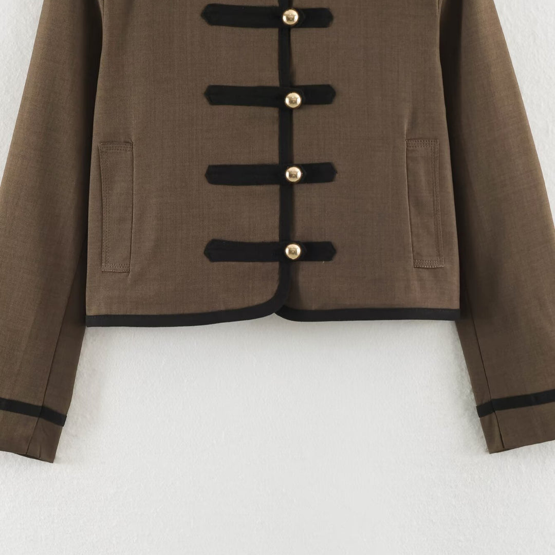 Women's short jacket in Mandarin style with decorative bow knots and contrast trim Amarae