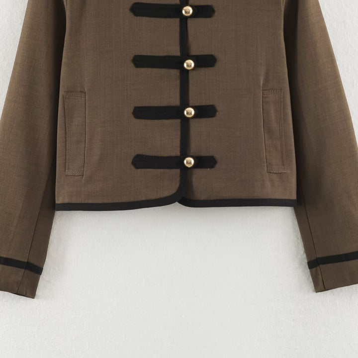 Women's short jacket in Mandarin style with decorative bow knots and contrast trim Amarae