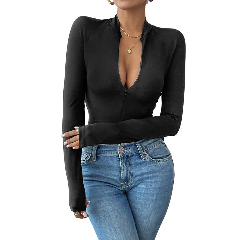 Ladies long sleeve bodys with an attractive V neckline and a chic zipper closure