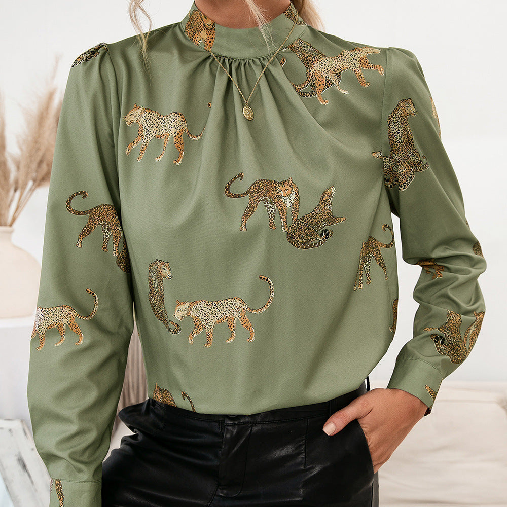 Women's blouse with glamorous animal print and elegant high collar Lune London