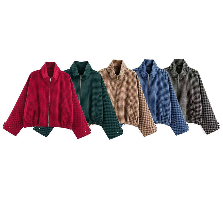 Women's Cropped Transition Jacket with High Funnel Collar, Check Pattern and Elastic Hem Amarae
