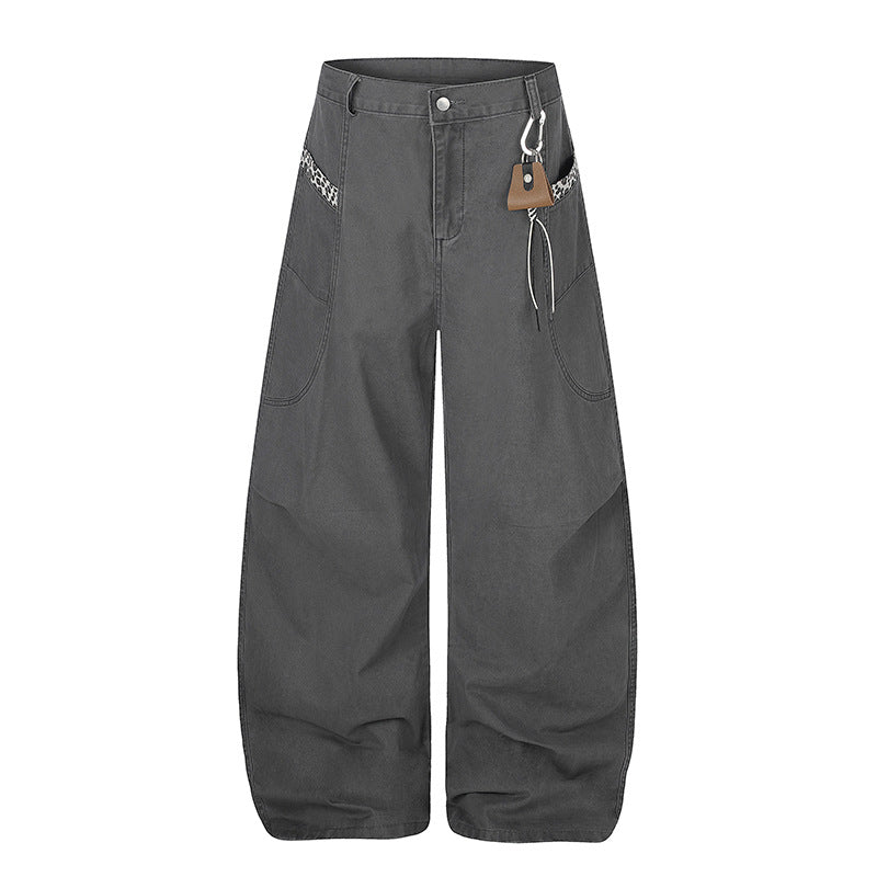 Women Extra Wide Palazzo Trousers with High Waist, Cargo Pockets and Decorative Keychain Amarae