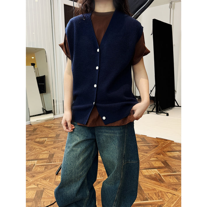 Women's Sleeveless Fine Knit Vest with V-Neck and Button Placket Amarae